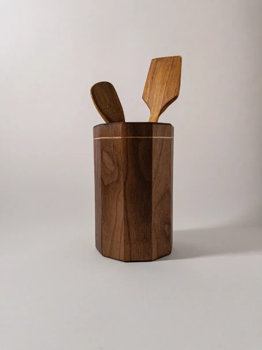 Maple Wood Kitchen Utensil Holder with Walnut Strip